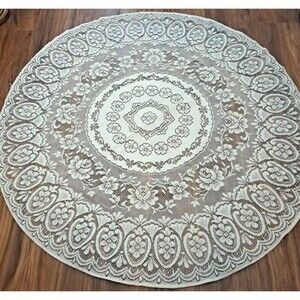 Round Knit Lace Tablecloth Centerpiece Ivory Rose Floral Granny Cottage 36"